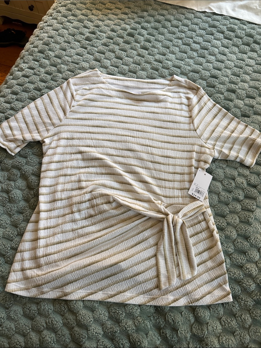 croft & barrow Cream and Tan Striped Tie-Accent Short Sleeve Tunic